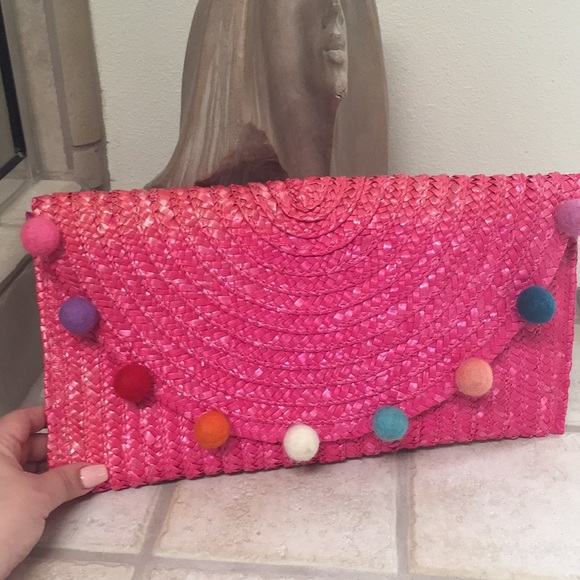 Fucsia Hemline Straw Pom Pom Clutch - Picture 1 of 2